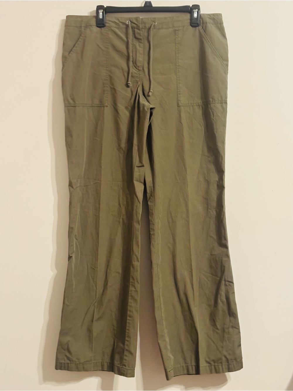 London Jean Chino Green 100% Cotton Pants Drawstring Flap Pocket Womens Size 14